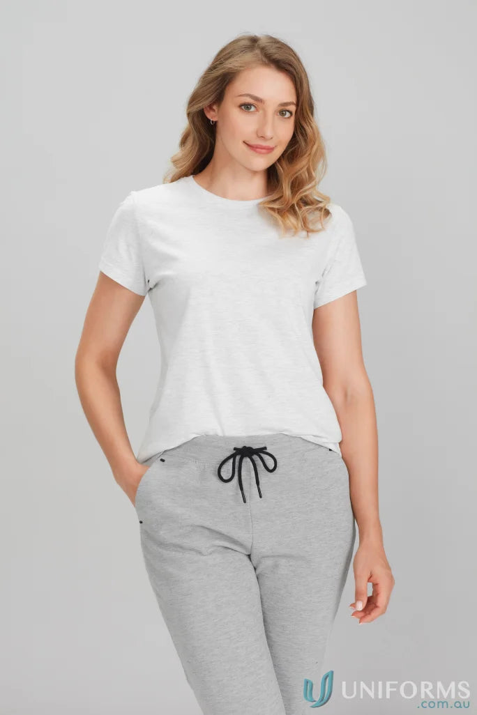 Ladies ice short Southport Tee with grey sweatpants from t10022 biz collection