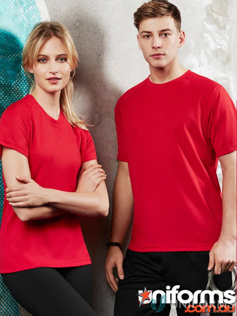 Matching red Ladies Sprint BizCool Tee shirts perfect for comfortable athletic wear