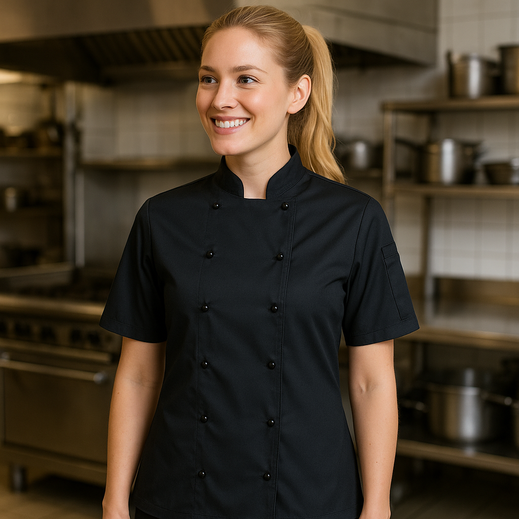 Ladies SS Snap Button Chef Jacket - Black / W(06) - Chefwear