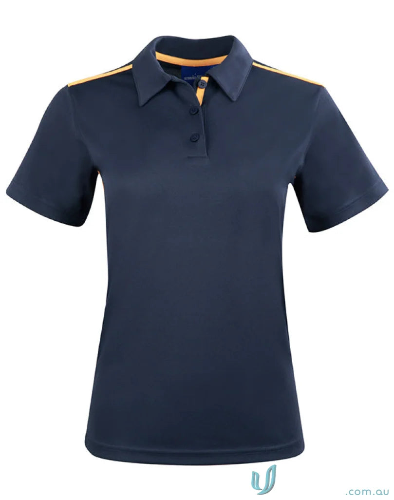 Ladies Staten contrast polo shirt in dark blue with orange trim on collar and shoulders