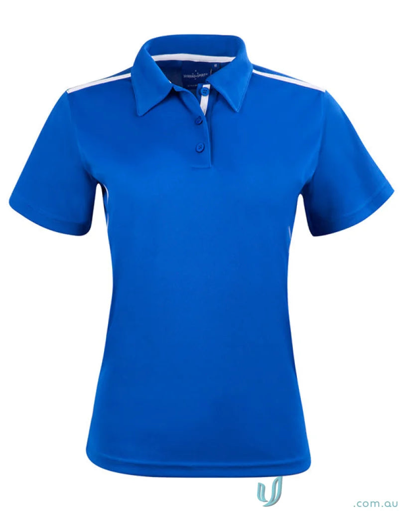 Royal blue Ladies Staten Contrast Polo with white shoulder stripes for a stylish look