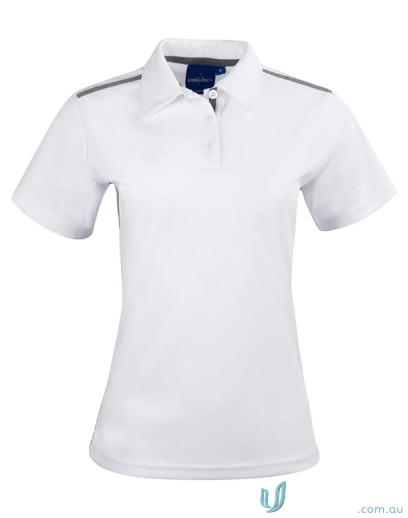 Ladies Staten contrast polo shirt with white body and grey shoulder accents
