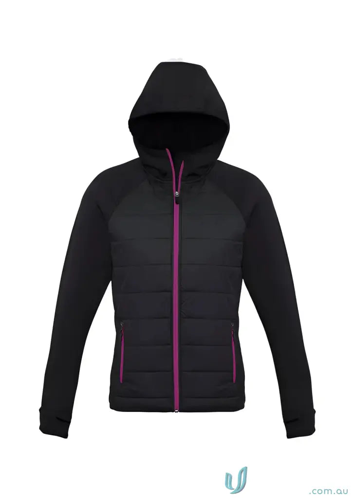Ladies stealth hoodie black puffer jacket with purple zipper from Biz Collection Women’s stealth jacket J515L