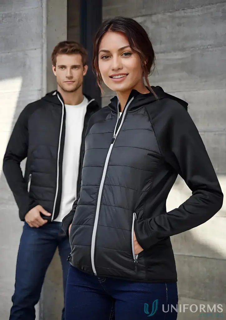 Ladies stealth hoodie with two people wearing black stealth jackets in Biz Collection women’s style