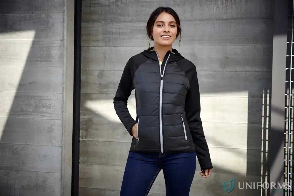 Lady’s black stealth hoodie from Biz Collection women’s stealth jacket j515l featuring a puffer style