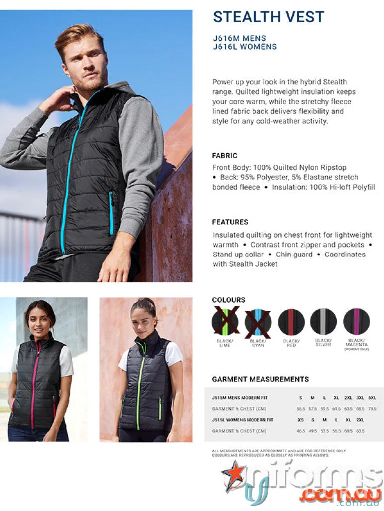 Ladies Stealth Vest showing lightweight insulated design with contrast zippers in women’s sizes