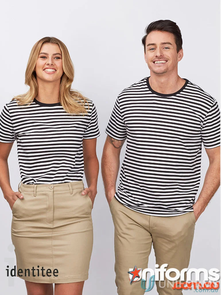 Two ladies wearing matching Ladies Stevie Stripe T-Shirts as stylish workwear uniforms