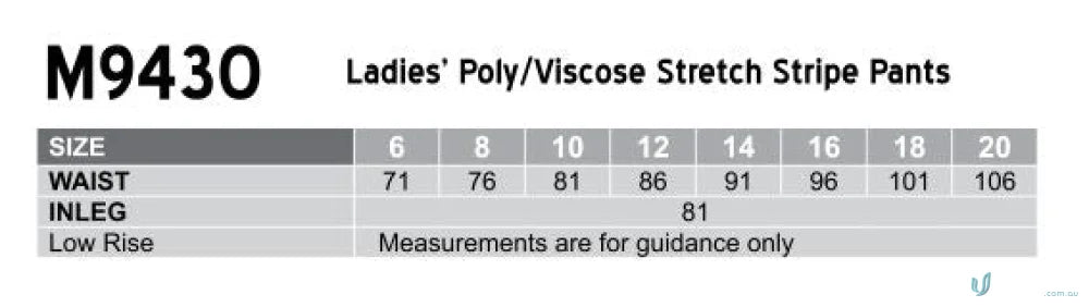 Ladies stretch stripe low pants size chart featuring viscose stretch stripe fabric style