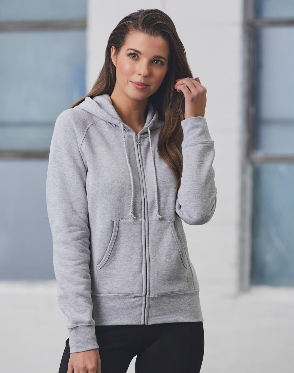 Ladies SubZero bay zip hoodie in soft gray with drawstring hood and pockets