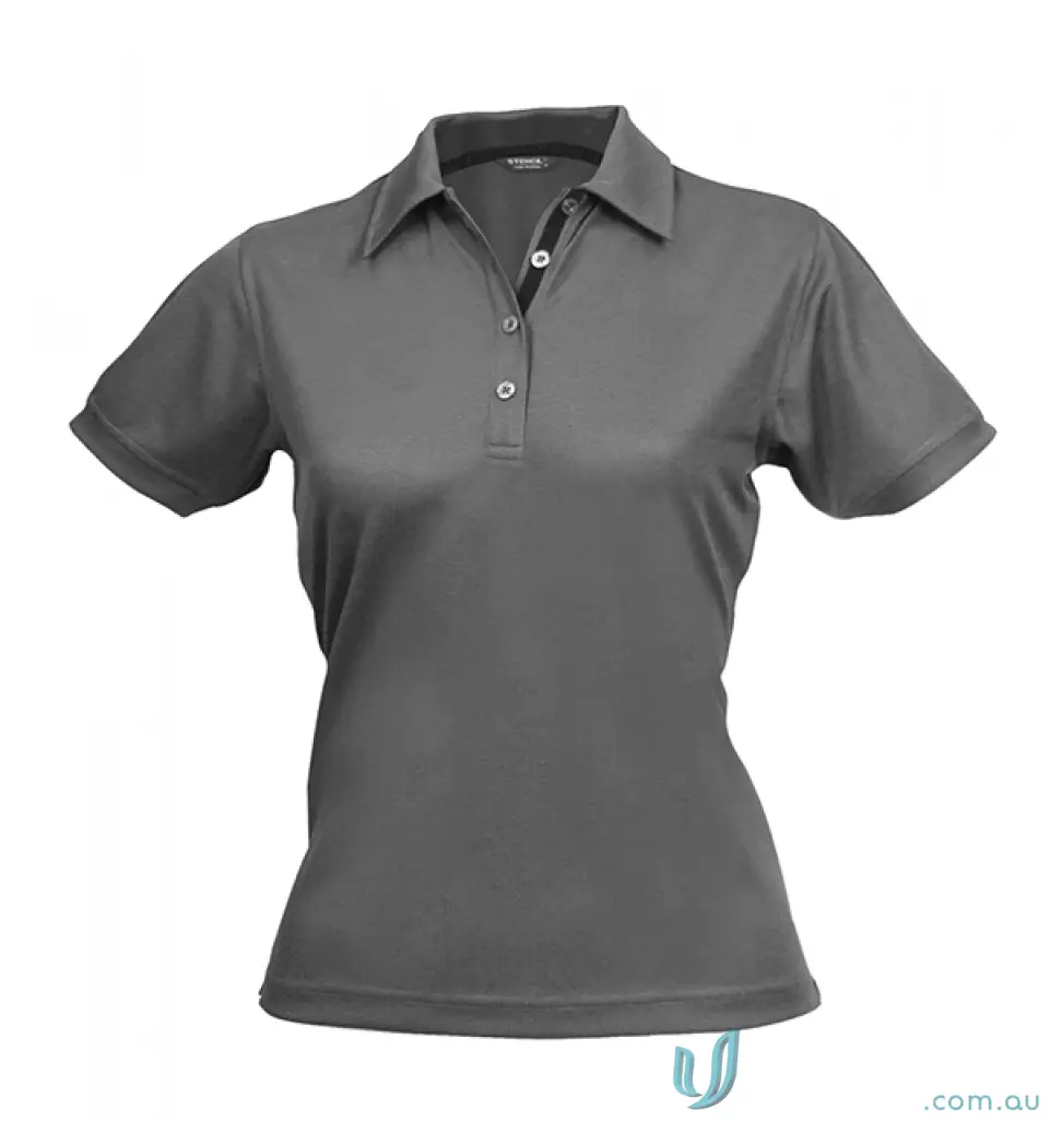 Ladies dark gray short-sleeve polo shirt with a stylish placket for comfy fabric feel