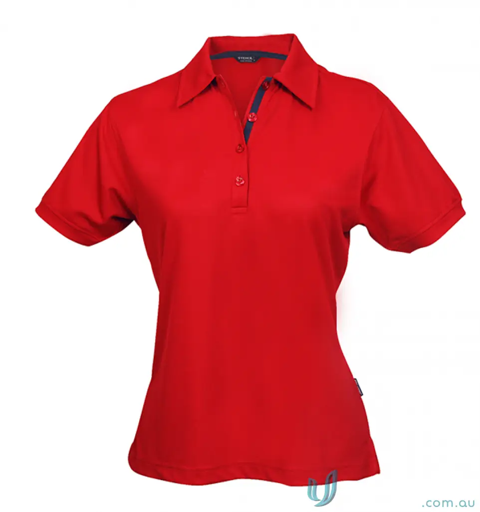 Ladies red polo shirt with dark blue placket made from comfy fabric - Ladies SuperDry Polo