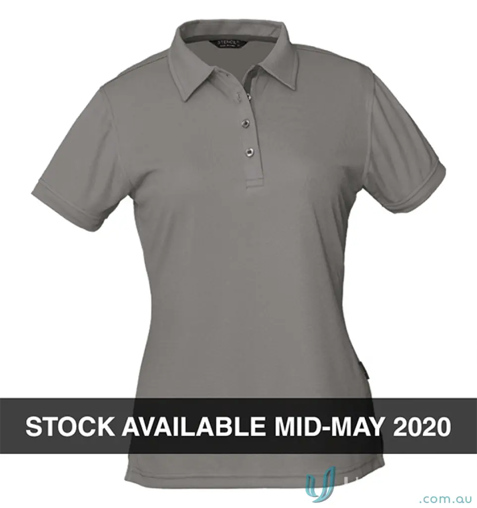 Ladies gray polo shirt with three-button placket made of comfy fabric in the Ladies SuperDry Polo