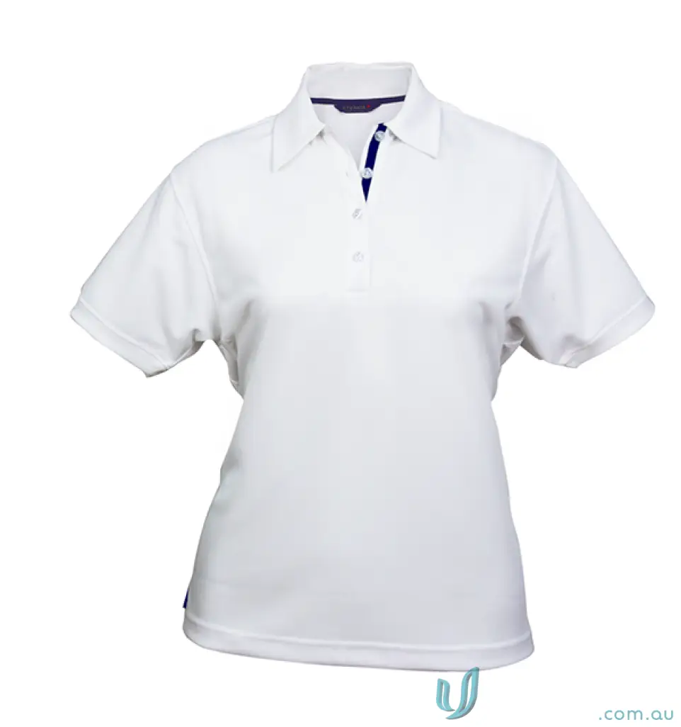 Ladies white short-sleeve polo shirt with dark blue placket, soft fabric style