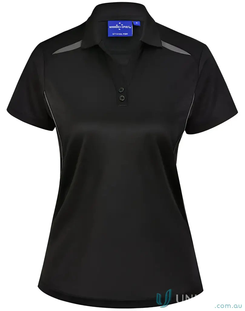 Black short-sleeved ladies contrast polo with sun protection tech for sustainable style