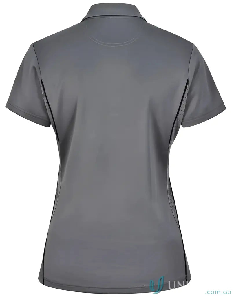 Gray short-sleeved Ladies Sustainable Contrast Polo with sun protection tech for ladies