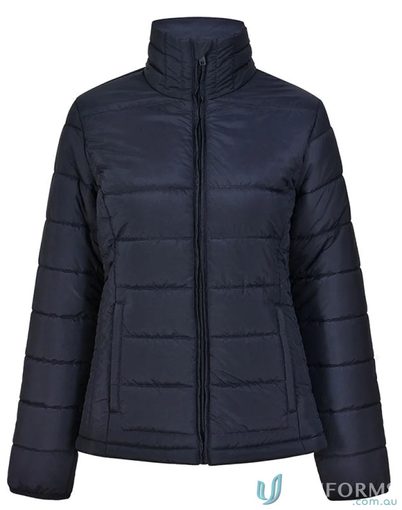Navy blue ladies 3d cut sustainable insulated puffer jacket made from recycled PET