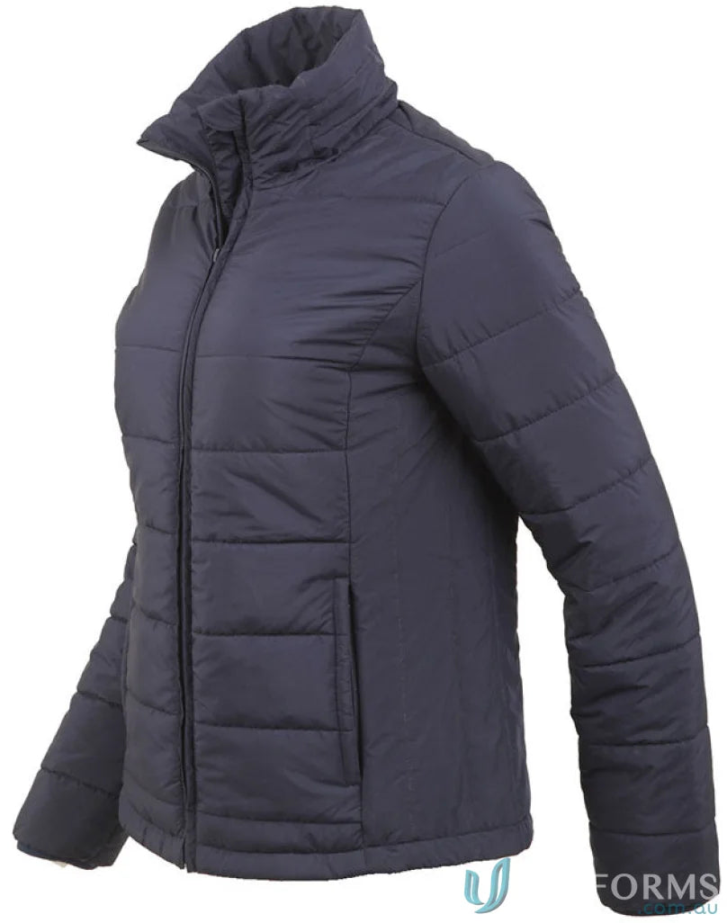 Navy blue ladies 3D cut sustainable insulated puffer jacket made from recycled PET