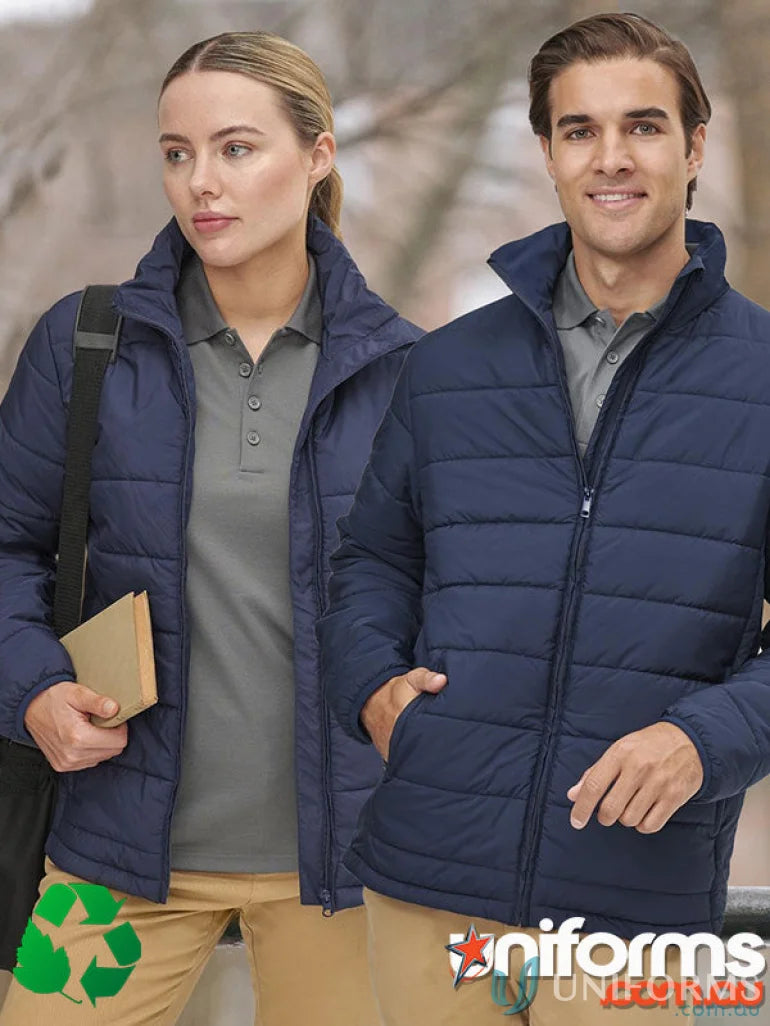 Navy ladies 3D cut sustainable insulated puffer jacket made from recycled PET fabric