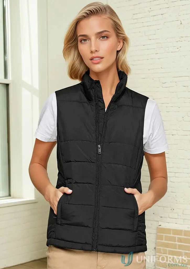Black Ladies Sustainable Insulated Puffer Vest with full zip and front pockets
