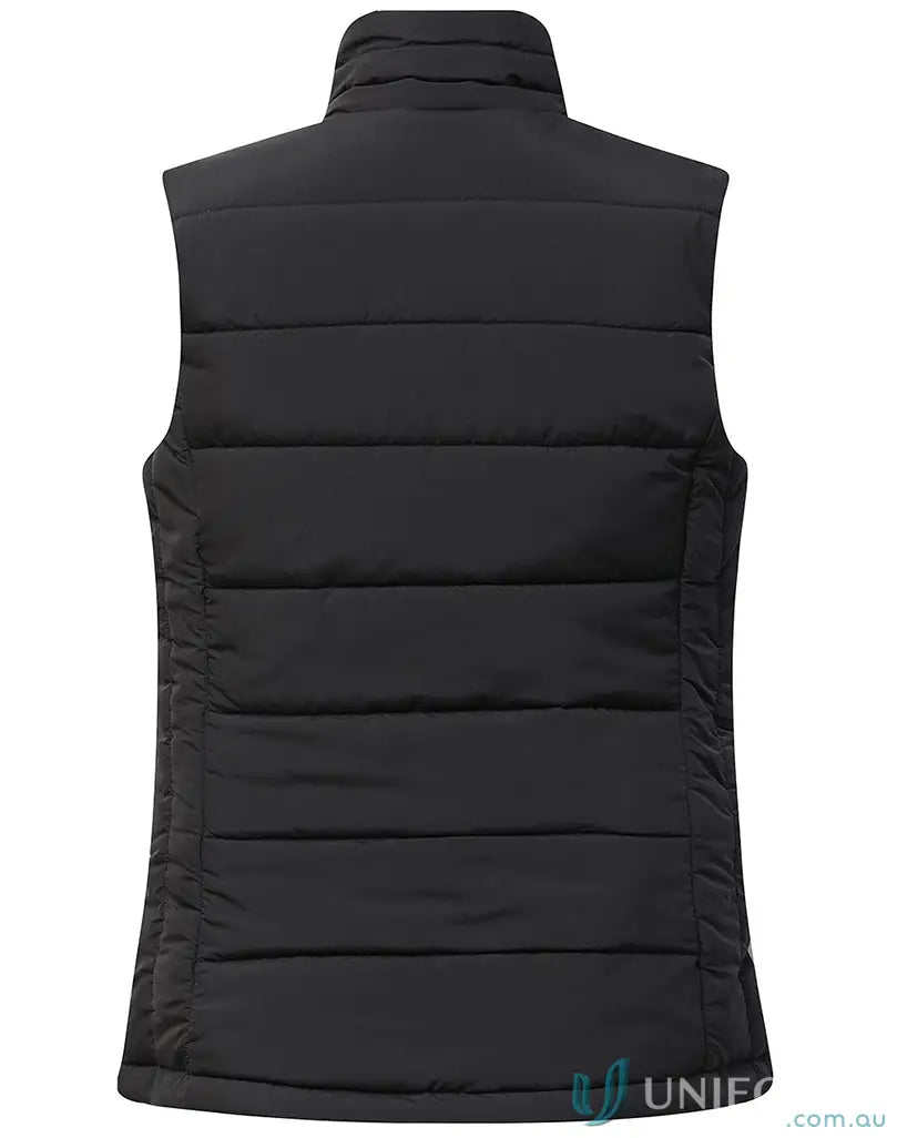 Black sustainable insulated puffer vest with high collar made from recycled PET apparel