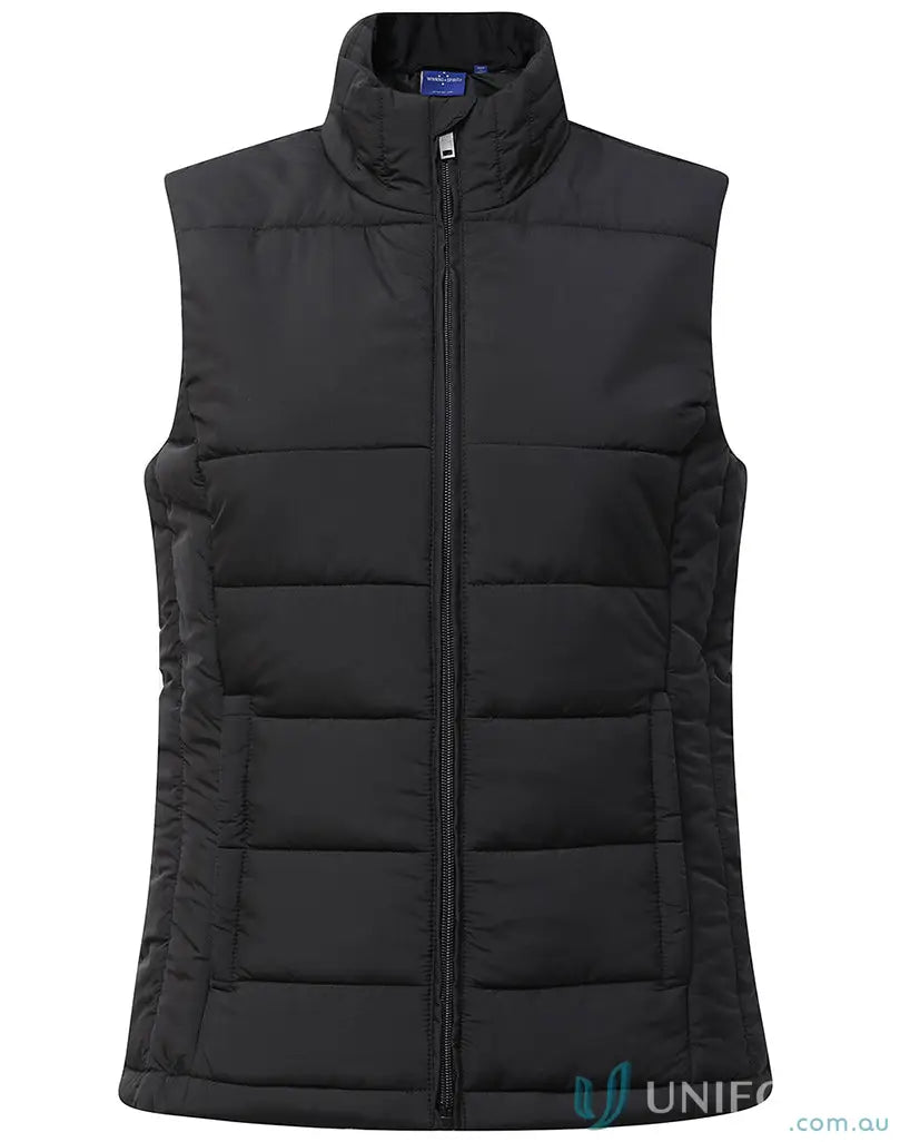 Black sleeveless sustainable insulated puffer vest made from recycled PET apparel with zip front