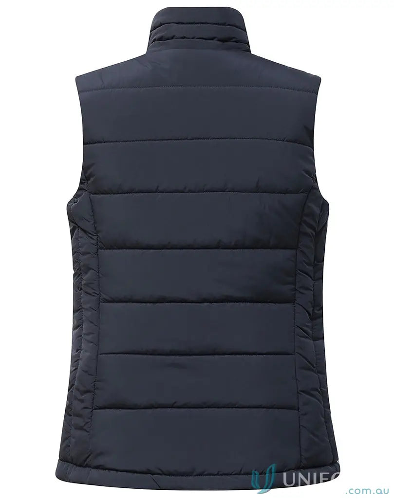 Dark blue sustainable insulated puffer vest with stand collar made from recycled PET apparel