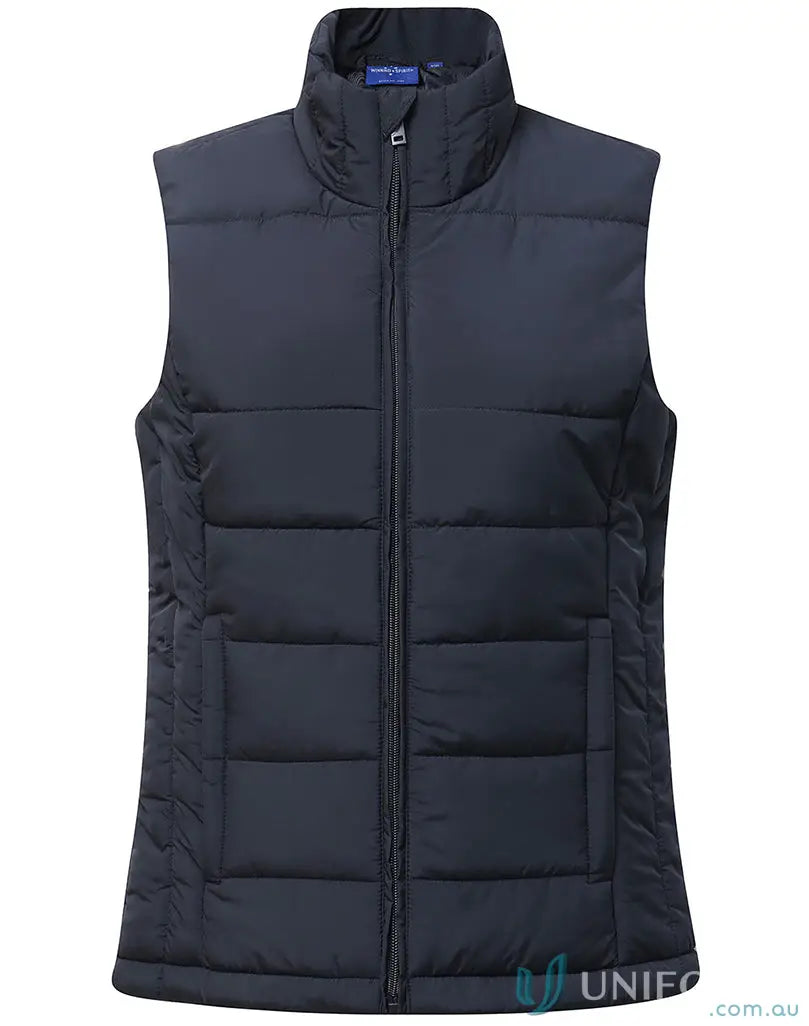 Dark blue sustainable insulated puffer vest with full zip and stand collar in recycled PET apparel