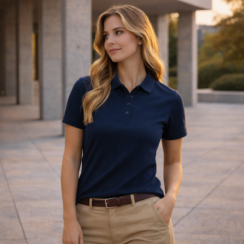 Ladies sustainable jacquard navy blue short sleeve polo shirt