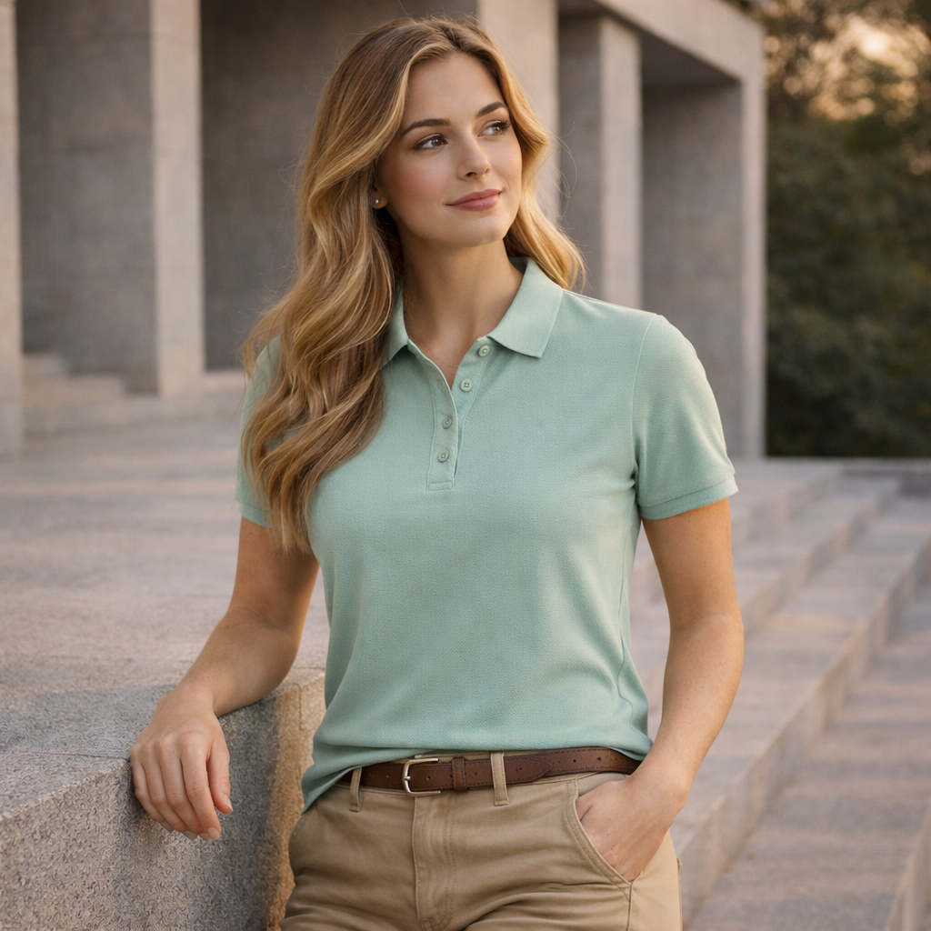 Ladies sustainable jacquard polo in light green with short sleeves