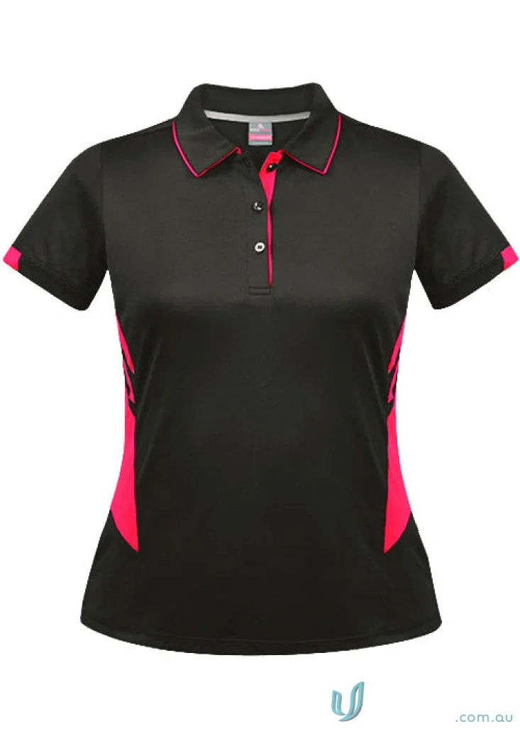 Ladies Tasman Polo in black with pink trim and side panels for a stylish look