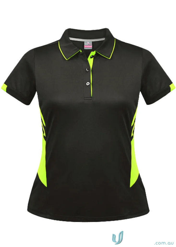 Ladies Tasman Polo shirt for women with black fabric and neon yellow accents