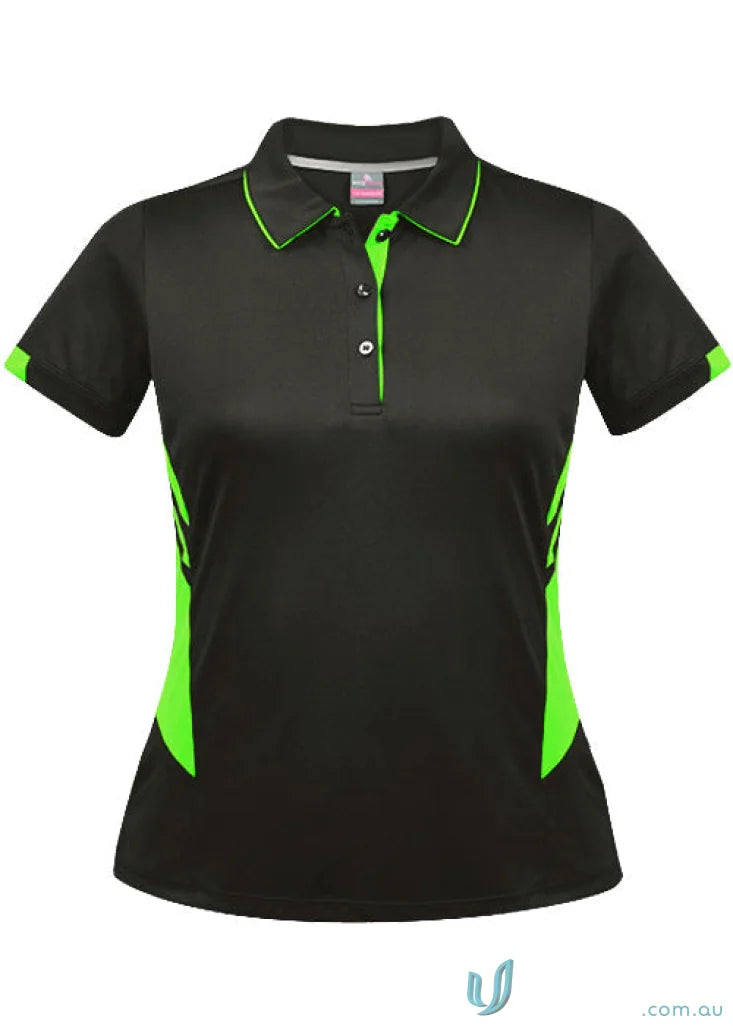 Ladies Tasman Polo in black with neon green accents, perfect for casual style