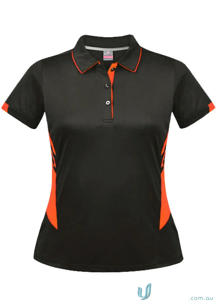 Black Ladies Tasman Polo with orange accents on collar, sleeves, and sides