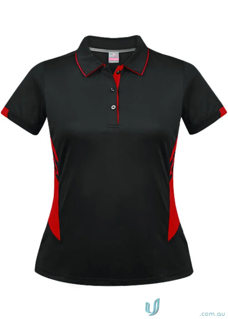 Black ladies Tasman polo shirt with red trim and side panels for a stylish look