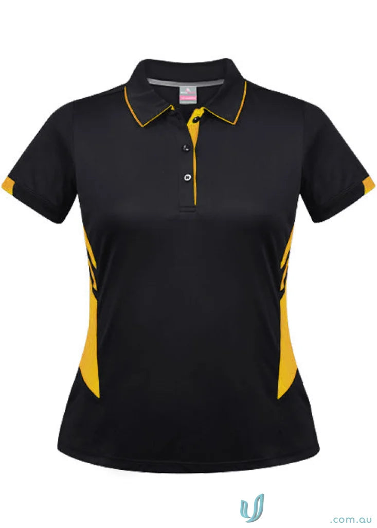 Black and yellow ladies Tasman polo shirt with short sleeves and three-button placket