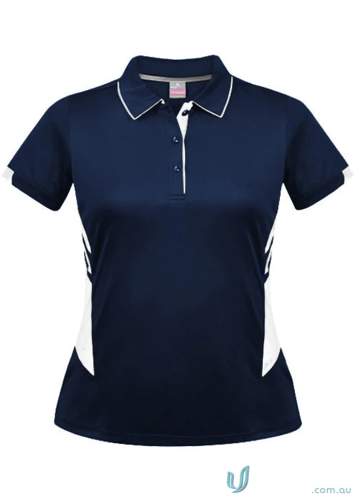 Ladies Tasman Polo navy blue women’s shirt with white trim for a stylish look