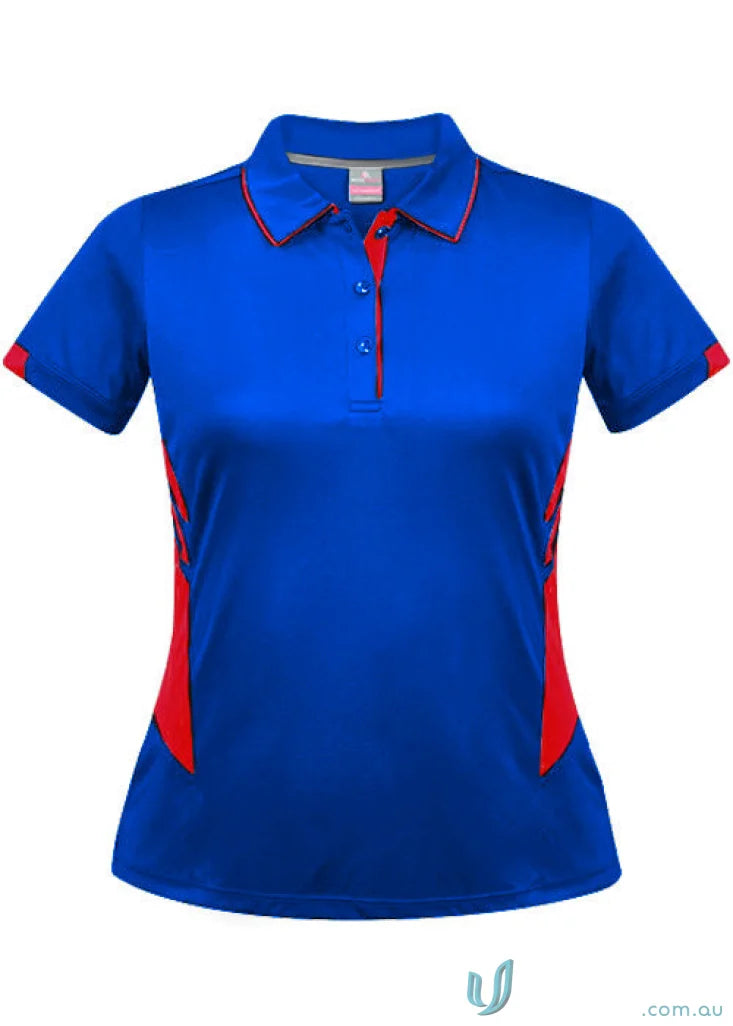 Royal blue Ladies Tasman Polo shirt with red trim and side panels for women
