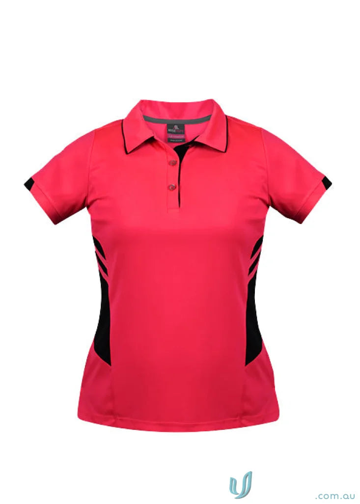 Vibrant pink Ladies Tasman Polo with black side panels and trim perfect for casual wear