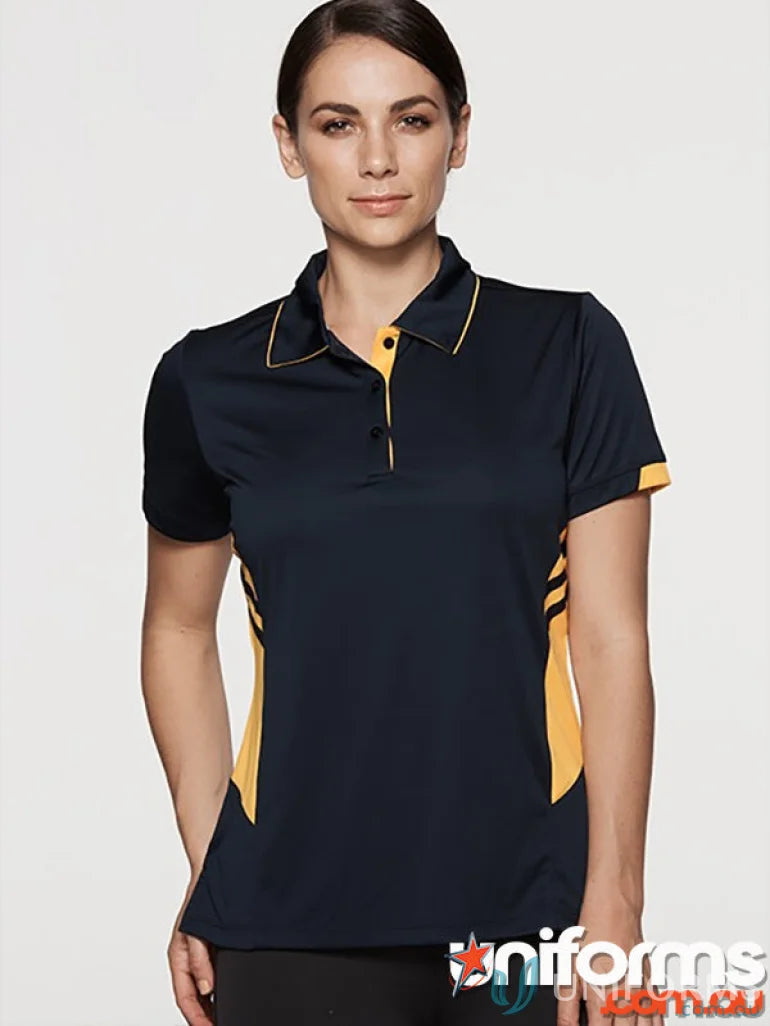 Ladies Tasman Polo in navy blue and gold, perfect for casual style