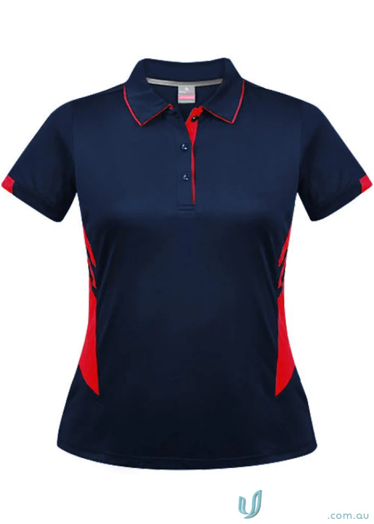 Ladies Tasman Polo in navy blue and red with short sleeves and three-button placket