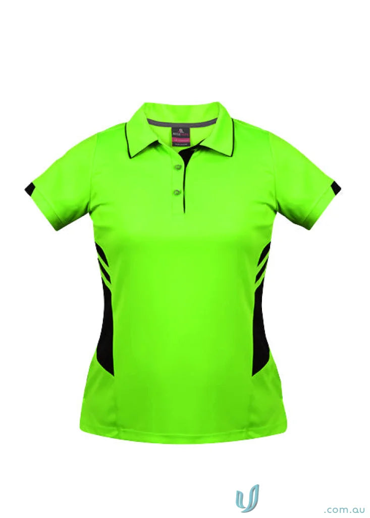 Ladies Tasman Polo in neon green with black side panels and trim perfect for casual wear