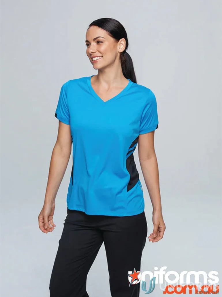 Blue and black V-neck athletic shirt made from breathable fabric for uniforms or workwear