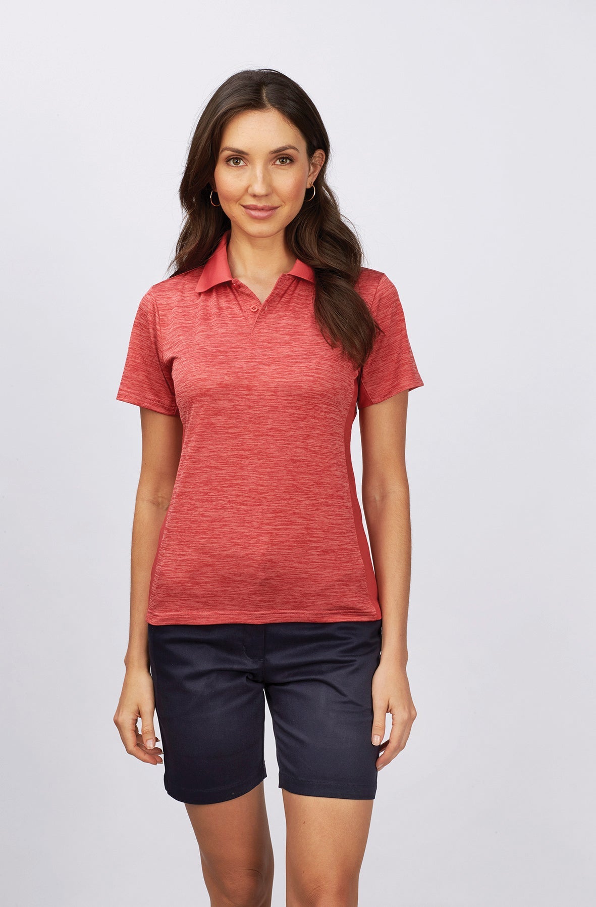 Red heather polo with ladies Toby Chino Shorts