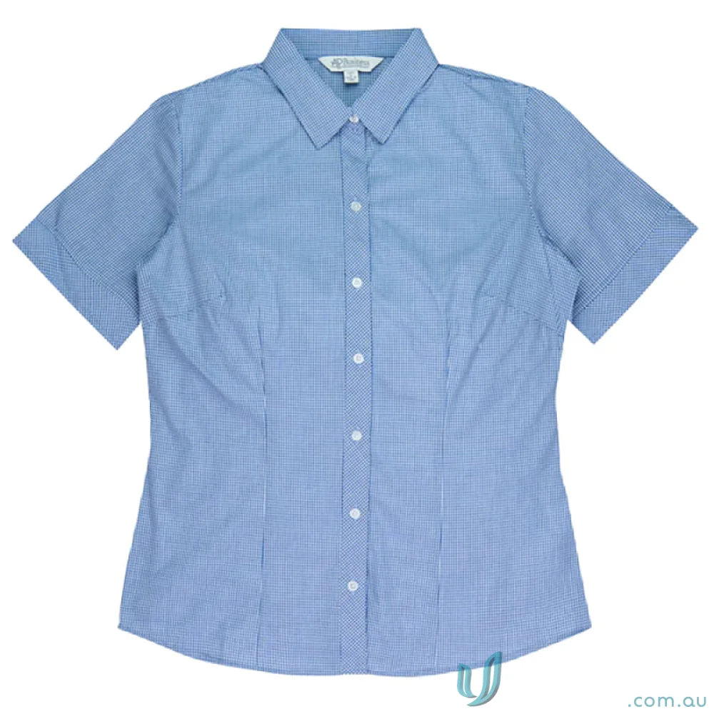 Blue and white checkered short-sleeved shirt from Ladies Toorak S/S Shirt, perfect for workwear or uniforms
