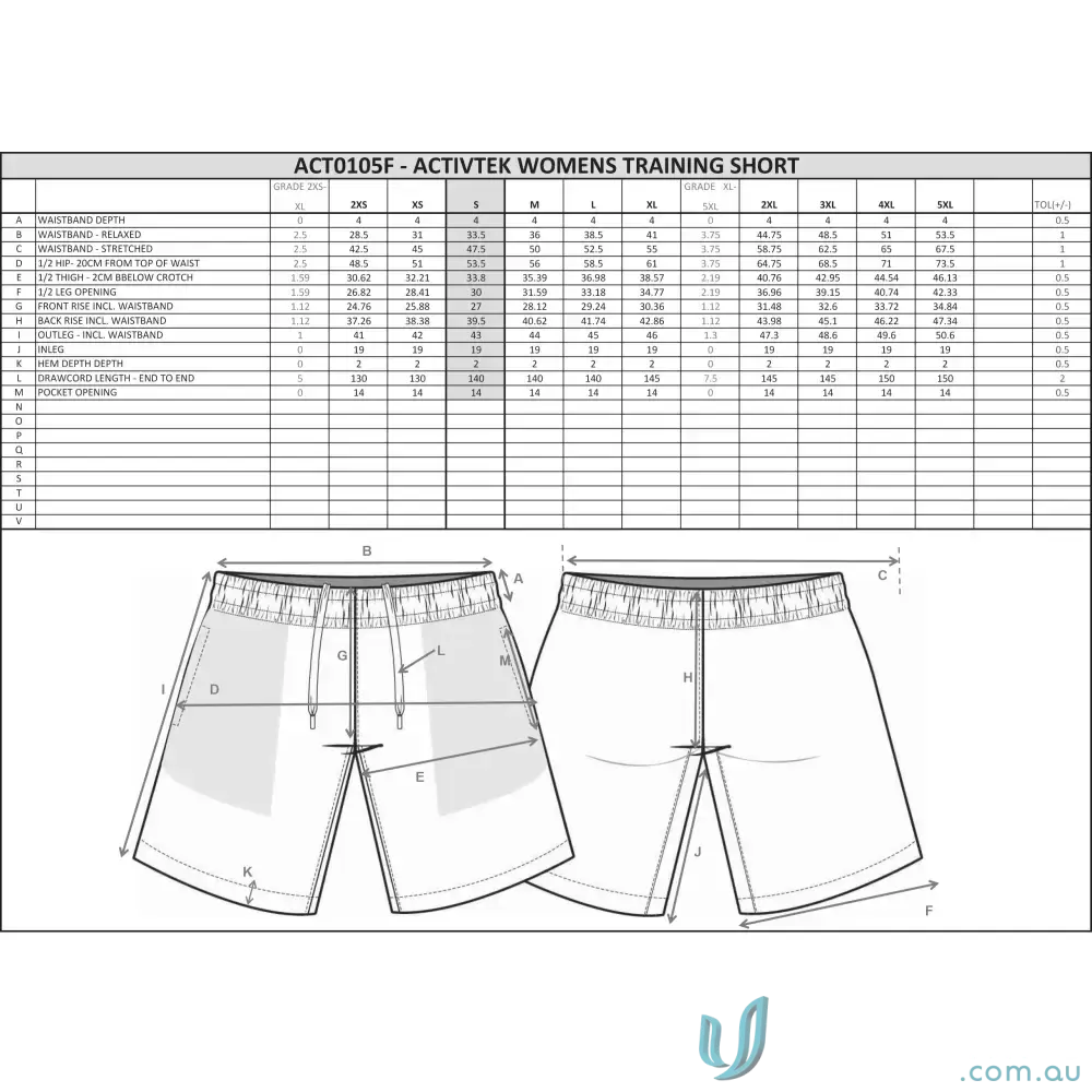 Technical drawing of Ladies Training Shorts in lightweight sports fabric for ladies training