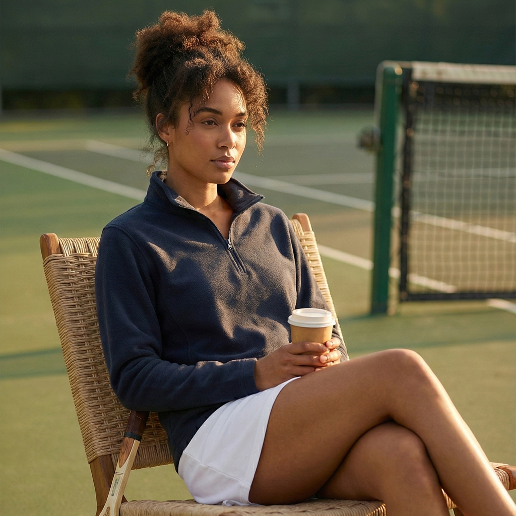 Woman in navy Trilogy half zip jacket and white tennis skirt