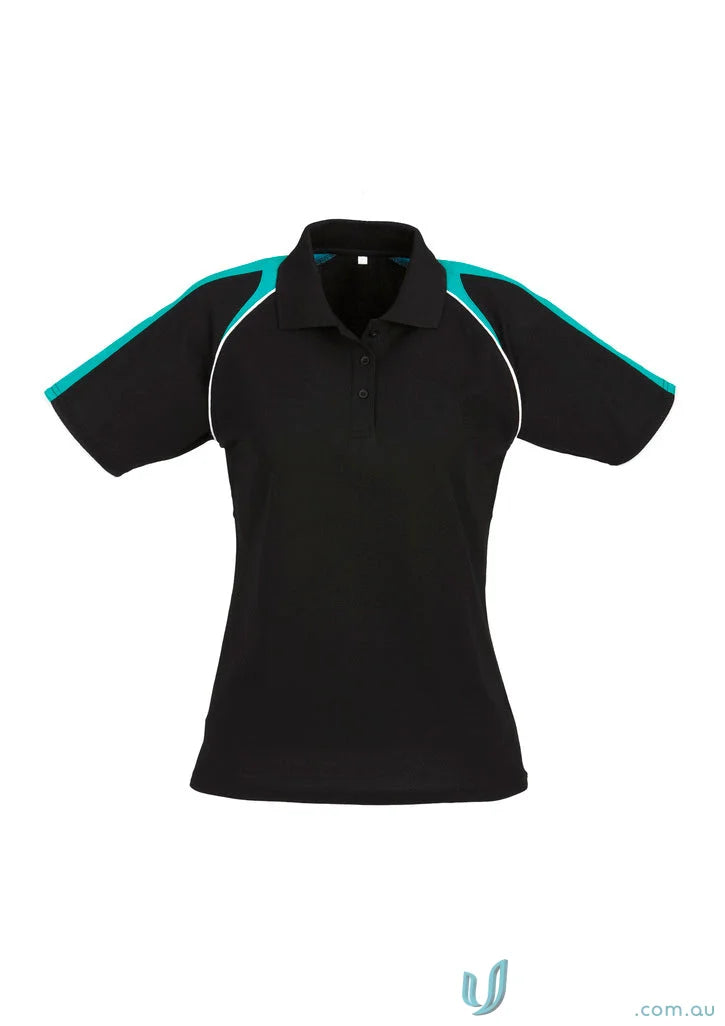 Ladies Triton Polo showing black triton short sleeve polo with teal and white accents