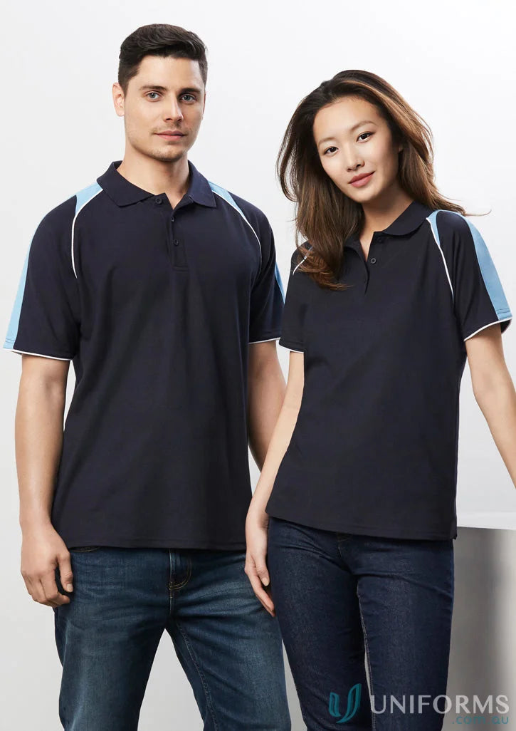 Ladies Triton Polo with navy, light blue, and white accents in Triton short sleeve style