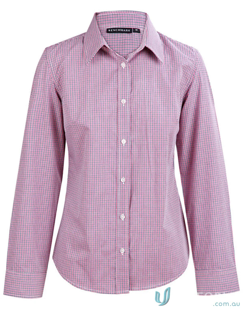 Pink and white checkered mini gingham ladies two tone long sleeve shirt from Winning Spirit Ladies
