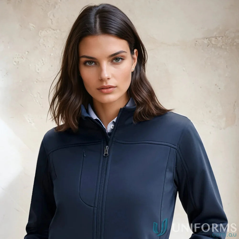 Dark blue Ladies U:Tech SoftShell Jacket with standing collar, perfect women’s softshell style